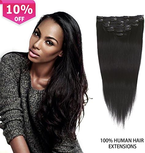 14" Remy Clip in Hair Extensions Human Hair Black for Women Beauty - Short Silky Straight 8pcs 20clips Real Human Hair Clip in Extensions (14 inch 100g #1B Natural Black)