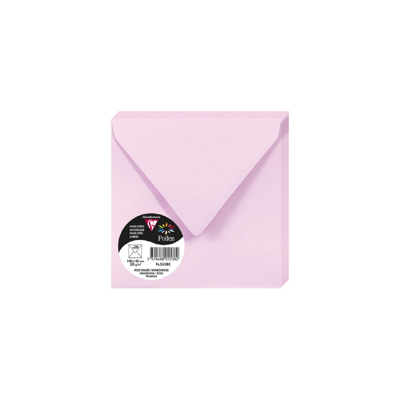 Clairefontaine 5538C Pack of 20 Gummed Envelopes Square Format 14x14cm 120g/m² Dragée Pink Invitation Events Correspondence Pollen Range Premium Smooth Paper