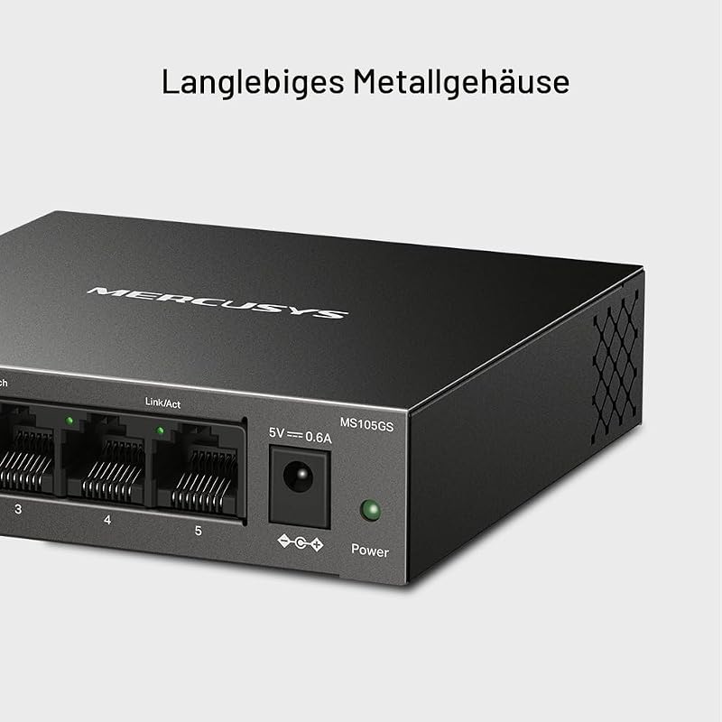 MS105GS 5-Ports Gigabit Netzwerk Switch Unmanaged, Plug & Play, Metallgehäuse, Lüfterlos Desktop-Design, Energiesparend