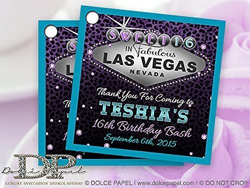 10 Las Vegas Sign Theme Teal and Purple Custom Wedding Sweet 16 or Birthday Party Favor Tags