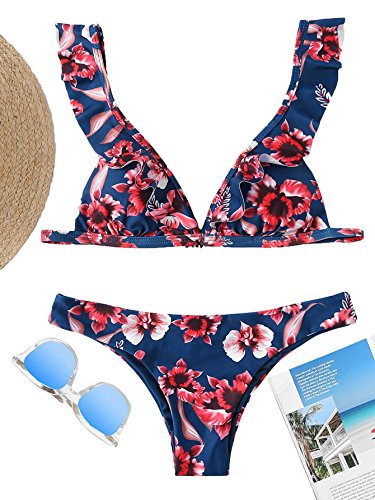 SOLYHUX Women's Flower Print Ruffle Strap Bikini Set Swimsuit Dark Blue S - Thumbnail 2