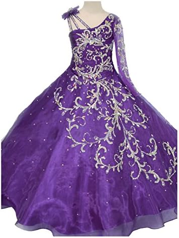 GreenBloom Little Girls' Bowknot One-Shoulder Long Sleeves Beaded Sequins Embroidery Pageant Ball Gown Evening Dress