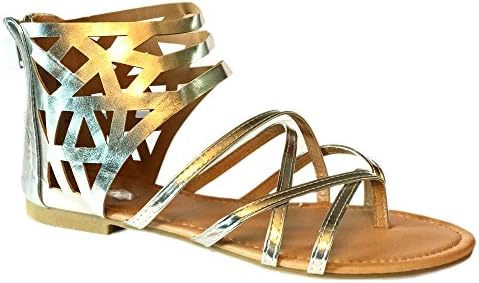 New Womens Sandals Roman Gladiator Flats T Straps Thongs Ladies Shoes Medusa &amp; Eva (7.5, GoldGld915)