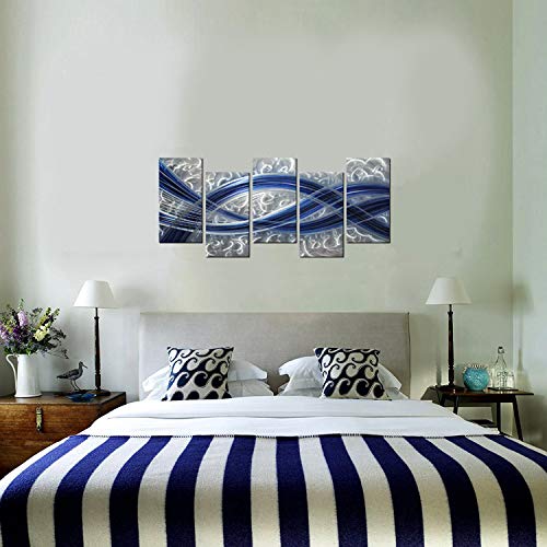 Metal Wall Art with Blue Line design silver background, Unique Metal