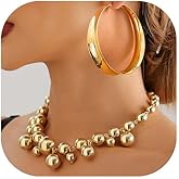 Rrdaily Gold Jewelry Sets for Women, 14K Gold Plated Statement Necklace and Chunky Large Hoop Earrings Prom Party Costume Accessories