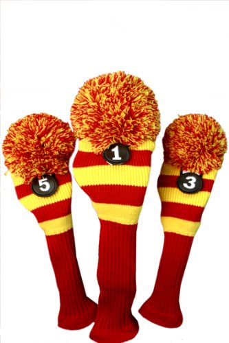 Majek Golf Club Head Covers: Red & Yellow Limited Edition Throwback Long neck Knit Retro Pom Pom Traditional Classic Vintage Old School Ultimate Driver Fairway Wood Golf Head Cover Set Usc Colors - Thumbnail 3
