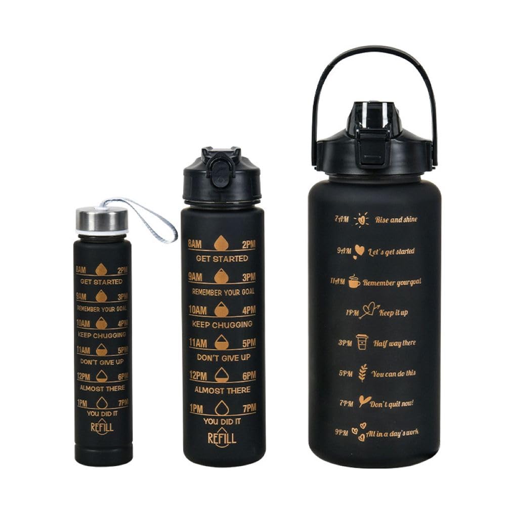 Large Black BPA-Free Motivational Water Bottle with Time Markers, Leak-Proof Lid, Durable Design, Available in 3 Sizes for Hydration, Gym, and Fitness Tracking