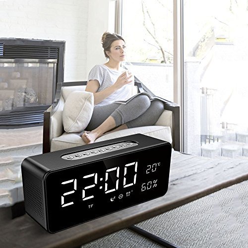 Orionstar Wireless Bluetooth Speaker, Bedside Digital Alarm Clock with Sleep Timer 8â€ LED Screen Display Thermometer AUX Micro SD USB Compatible for iPhone Android, Model S1 with Wall Charger Black