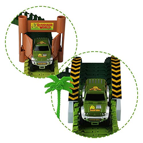 baccow Kids Dinosaur World Toys for 3 4 5 6 7 8 Year Old Boys and Girls, 142 Flexible Assembly Train Tracks Car Toys 2 Dinosaurs(Extra 1 Set Traffic Signs)