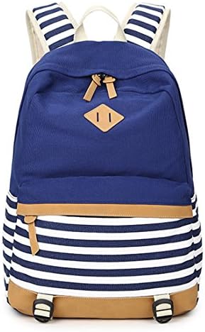 Dunland Adults Backpack Mens School Work Bag Stripe Canvas Large Rucksack DarkBlue