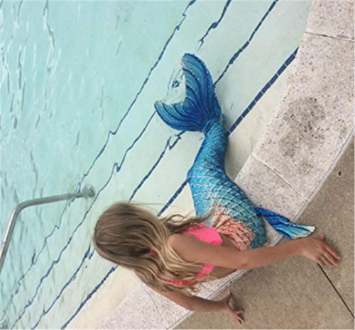 Kids Girls Sparkle Mermaid Tail with Monofin Swimmable Swimwear 4pcs Sets for Kids 3~10Years (120 (6-8 Years), Diamond Blue)