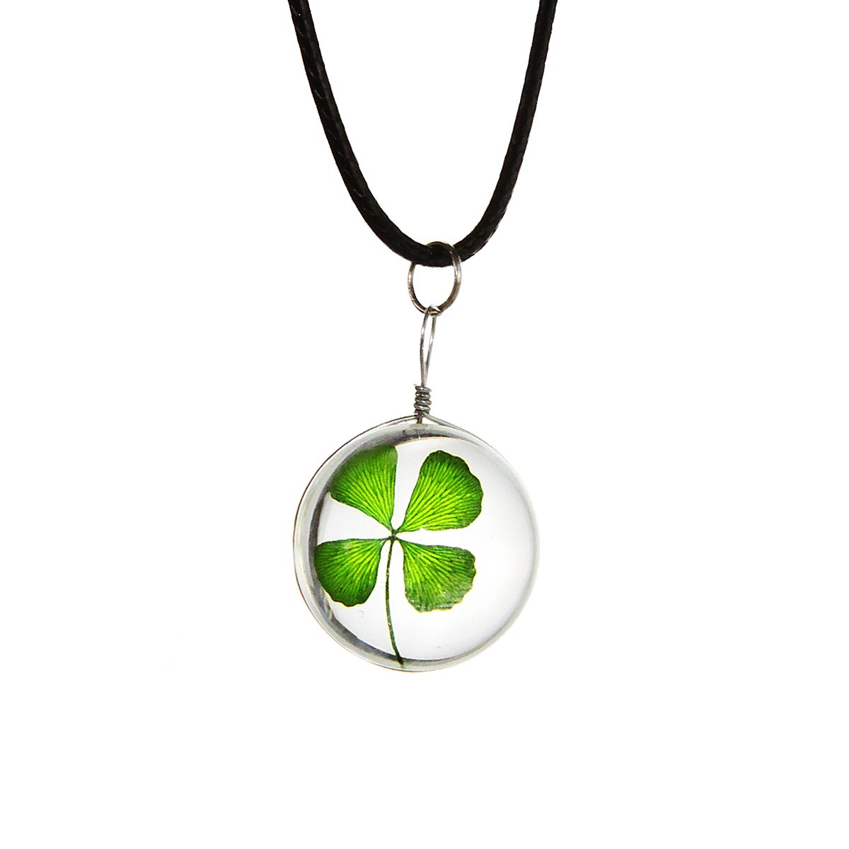 Beautiful Pressed Dried Four-Leaf Clover Transparent Glass Pendant Necklace Round Ball for Girl Women Mother Day Gift
