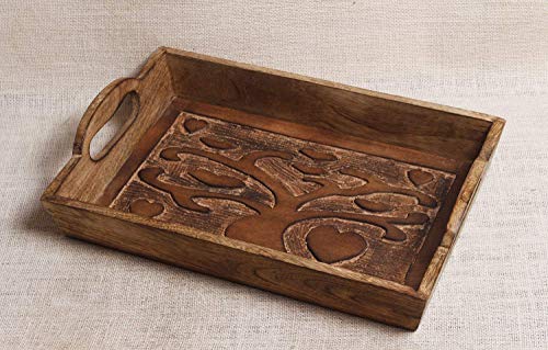 Father’s Day Gifts Tree of Life Hand Carved Wooden Breakfast Serving Tray with Handle for Tea Snack Dessert Kitchen Dining Serve-ware Accessories 15 x 10 Inches - Thumbnail 3