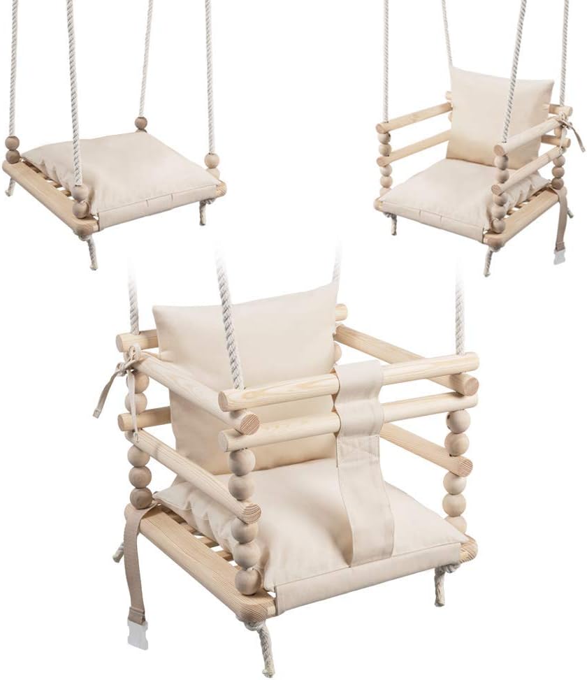 MAMOI Baby Swing Set, Wooden Swing, Ideal as Baby Swing Outdoor, Garden Swing, Indoor Swing. 2 in 1 Swing Set, 3 in 1 Swing That Grows with Kid, Includes Safety Belt … (Beige) - Image 3
