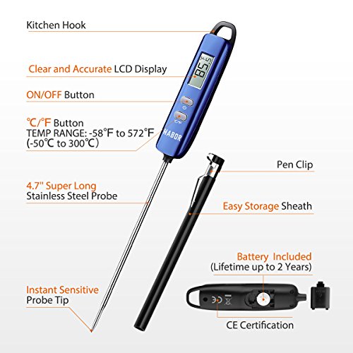 Habor Meat Thermometer, Instant Read Thermometer Digital Cooking Thermometer, Candy Thermometer with Super Long Probe for Kitchen BBQ Grill Smoker Meat Oil Milk Yogurt Temperature (Navy Blue) - Thumbnail 2