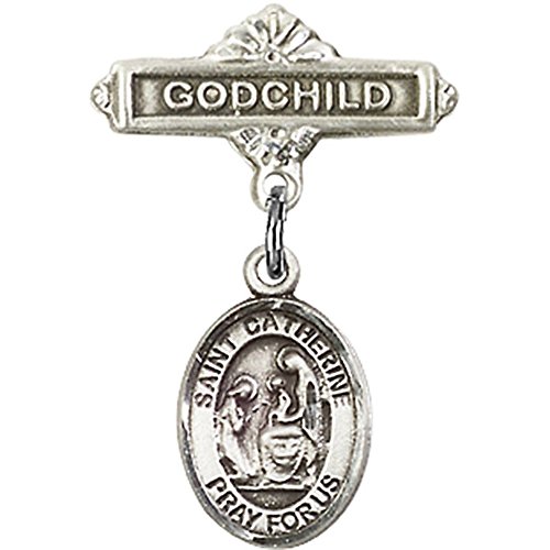 Sterling Silver Baby Badge with St. Catherine of Siena Charm and Godchild Badge Pin 1 X 5/8 inches