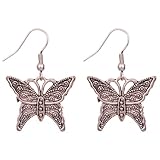 Yazilind Trendy Exquisite Tibetan Silver Butterfly Carved Flower Ear Wire Hook Dangle Earrings