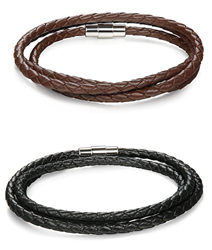 LOYALLOOK 2PCS Leather Bracelet for Men Womens 3 Wrap Bangle Cuff Bracelet Black/Brown 8.5Inches