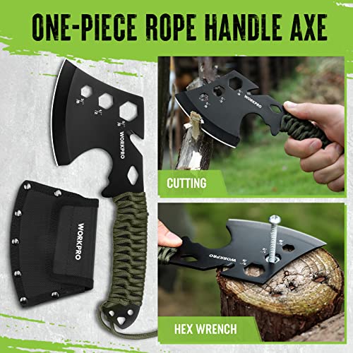WORKPRO Hatchet and Machete with Sheath, One-piece Camping Axe and Hunting Knives with Rope Handle, 9 Pieces Camping Tool Set Includes LED Headlamp, Paracord, Flint Stick, Carabiners, Whetstone