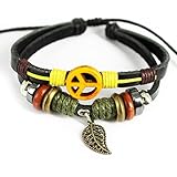November's Chopin (TM) Unique Leaf Pendant Ring & Plane Button Leather Adjustable Wrap Bracelet