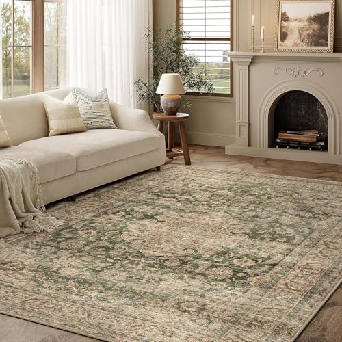 HUGEAR Waschbarer Grün Vintage Teppich Wohnzimmer 140x200cm Retro Rugs for Living Room Weich rutschfest Groß Tepich Kurzflor Schlafzimmer Carpet Livin