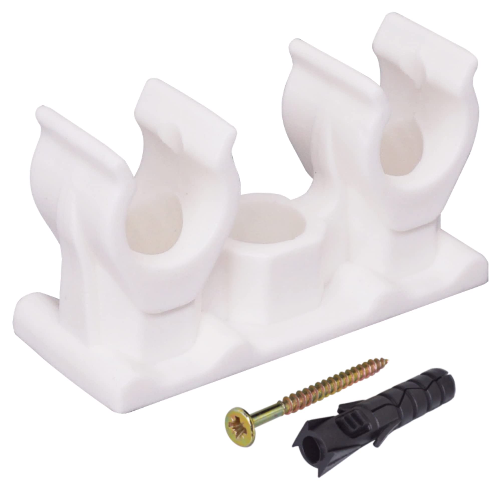 SKIR'CO (20 pcs) Double Pipe Clips, Plastic Clamps for 10 mm Pipes, U Type Pipe Clamp, Tubing White Clips, Hose Hangers