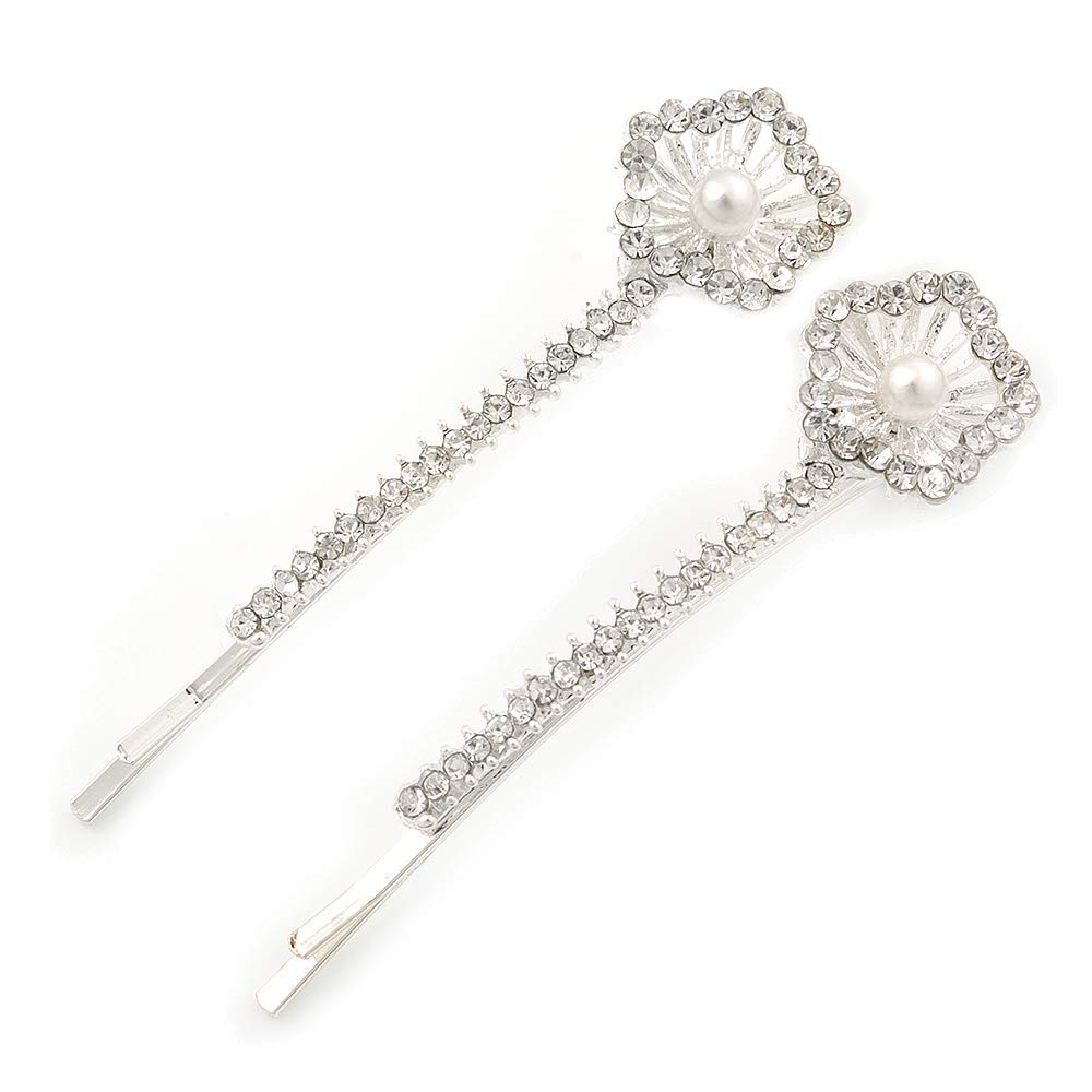 Avalaya 2 Bridal/Prom Crystal, Simulated Pearl 'Filigree Flower' Hair Grips/Slides in Rhodium Plating - 55mm Across