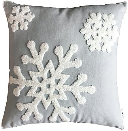 IBraFashion Christmas New Year Decorative Throw Pillow Cover 18x18 Winter Snowflake Theme Embroidered Square Light Grey