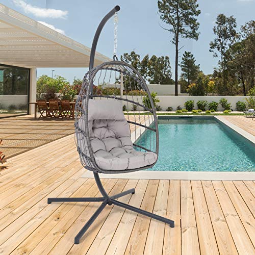 ECD Germany Hängesessel mit Gestell und Kissen, Hängekorb mit Hängestuhlgestell, Hängesesselgestell aus Stahl, Faltbarer…