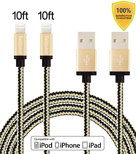 Tecland 2pack 10ft Nylon Braided lightning cords to USB Cable for iPhone 6/ 6s/ Plus /5s /5Plus/ 5, iPad Air,iPad mini, iPod touch 5th gen / 6th gen / nano 7th gen [black &amp;gold]