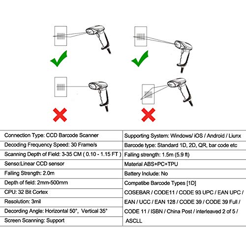 1D USB Barcode Scanner with Stand Fast Scanning Wired Handheld Bar Code Reader for 1D UPC PDF Book Quickbooks Library Label (Black)