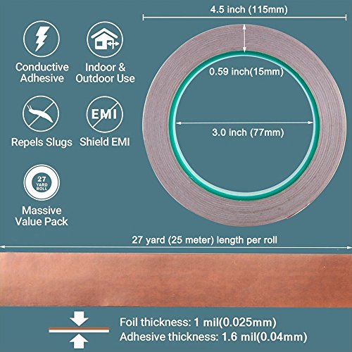 Bestgle 3 Pieces Copper Foil Tape with Double-sided Conductive 3 Sizes for EMI Shielding,Stained Glass,Soldering,Electrical Repairs,Paper Circuit,Grounding (6/8/10mm X 27 yard)