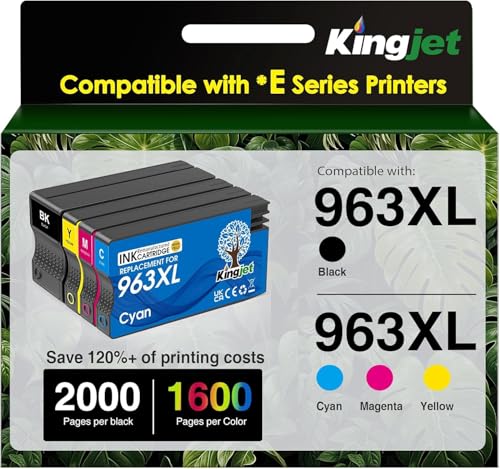 KINGJET 963XL Ink Cartridges Multipack Remanufactured for HP 963 XL, Compatible with HP OfficeJet Pro 9010e 9012e 9014e 9015e 9019e 9020e e-Series, High Yield 4-Pack (1 Black, 3 Colour)