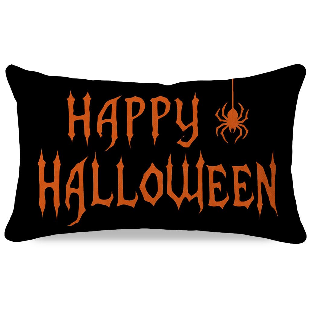 Photo 1 of PANDICORN Happy Halloween Throw Pillow Cover 12x20 Spider Orange Black Outdoor Fall Halloween Decorations Gothic Lumbar Decorative Cushion Case Sign for Home Living Room Couch Porch Decor