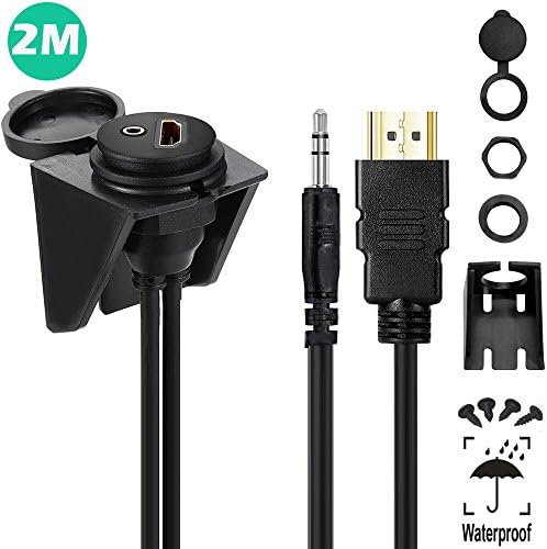 POWERbeast HDMI Flush Panel Mount,3.5mm Aux and HDMI Extension Dash Flush Panel Mount Cable For Car, Boat and Motorcycle or for Motorized DVD Receiver ,Waterproof Design (2M/6.6FT)