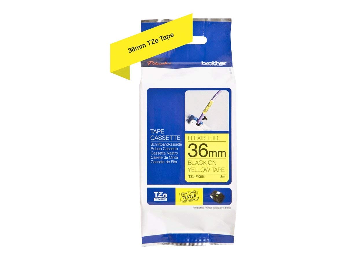 Brother TZe-FX661 Labelling Tape Cassette, Black on Yellow, 36mm (W) x 8M (L), Flexible ID, Brother Genuine Supplies
