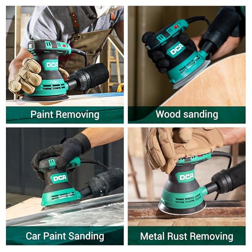 DCA Random Orbital Sander, 300W 12000 OPM Electric Sander with Dust Collection, 125MM Hand Electric Tool, 6 Variable Speeds, 10pcs Sandpapers for Woodworking,Sanding, Polishing, DIY, Home Improvements
