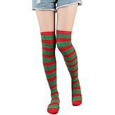 KorhLeoh Christmas High-Knee Striped Socks for Women Red-Green Long Tube Socks Stockings Costume for Daily Wear Cosplay