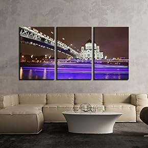Beautiful Night View with Bridge and White Building x3 Panels