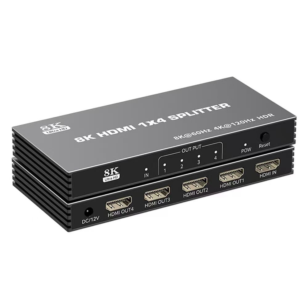 Photo 1 of 8K HDMI Splitter 1 in 4 Out - 4K@120Hz 8K@60Hz 1x4 HDMI 2.1 Splitter Duplicate/Mirror Any HDMI Signal, 8K Ultra HD, EARC, HDCP 2.3, HDR, VRR, EDID, for TV/Monitor/Fire Stick/ PS5 PS4/ Xbox/Player
