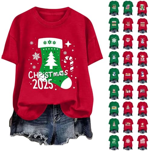 Merry Christmas Shirts for Women Cute Graphic Tees Holiday Short Sleeve T Shirt Tops Womens Crewneck Tshirts Ugly Xmas Gifts 2025 Gnomes Snowflakes Wine Glasses Snowman Tree Elk Santa Print T-Shirt