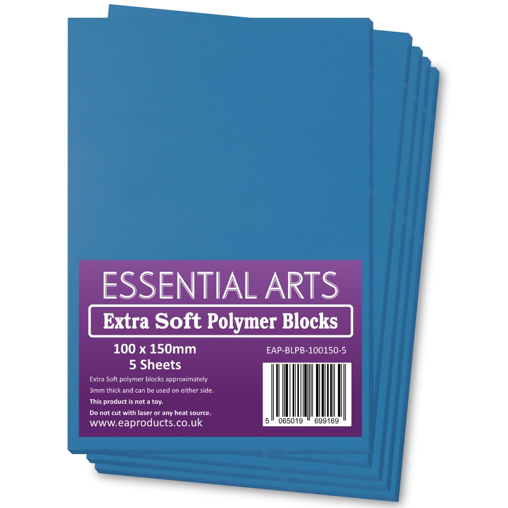 Essential Arts Extra Soft 100 x 150mm Double Sided Blue Polymer Blocks Pack of 5 – 3mm Super Soft Relief Printing Sheets for Easy Lino Carving Art and Craft
