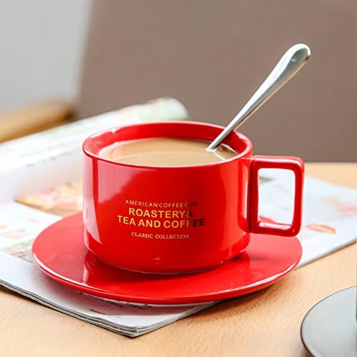Procelain Coffee Cup Saucer Set - MISUNDER 300ml/10oz Letters Print Drinkware Coffee Mug, with Saucer and Spoon, for Coffee, Tea, Milk,3pcs Great Gift(2017,JS-002)