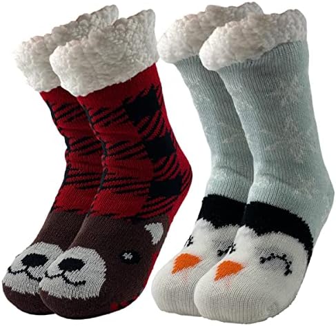 Kids Sherpa Fleece Lined Non-Skid Slipper Socks - Warm Gripper Socks For Boys & Girls (3 Pairs)