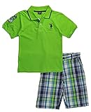 U.S. Polo Assn. Big Boys 2 Piece Big Pony Solid Pique Polo Shirt and Plaid Short, Lime, 12