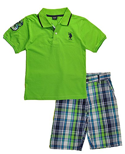 U.S. Polo Assn. Big Boys 2 Piece Big Pony Solid Pique Polo Shirt and Plaid Short, Lime, 12
