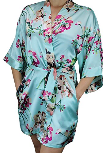 Ms Lovely Women's Floral Satin Bridesmaid Robe Short Kimono W/Pockets for Bridal Party - Light Blue XS/S
