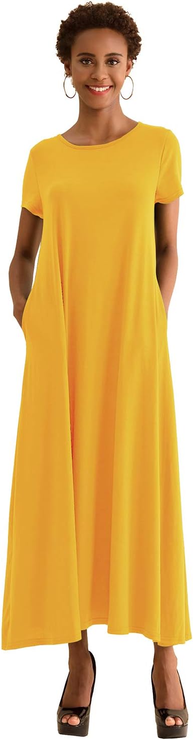 New Feeling Women's Casual Short Sleeve Long Maxi Plain T-Shirt Dress with Pockets
