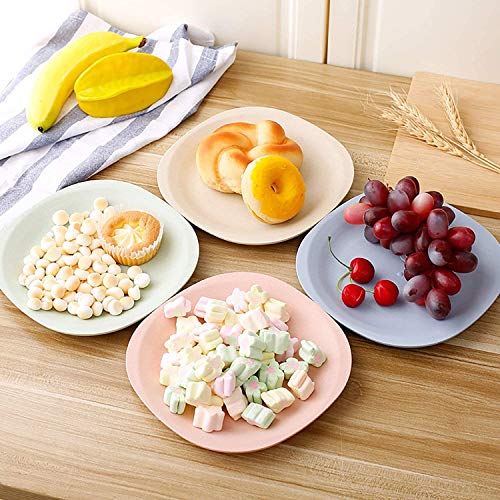 Saike 7.3\'\' 4Pack Wheat Straw Plates Set, Unbreakable Dishwasher and Microwave Safe Plates, Wheat Plates with Forks and Spoons