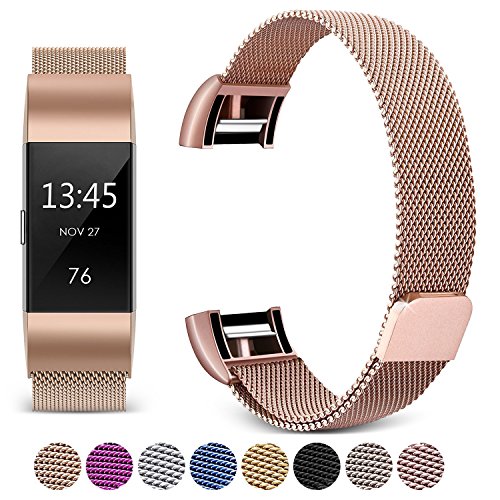 [Updated Solid Version] For Fitbit Charge 2 Magnetic Bands, Hotodeal Band Milanese Loop Stainless Steel Metal Replacement Bracelet Strap, Wristbands Accessories for Women Men, Rose Gold